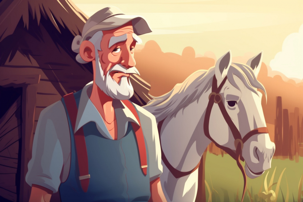 Cartoon farmer with grey horse.