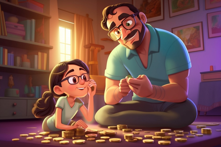 Cartoon father with his daughter holding coins.