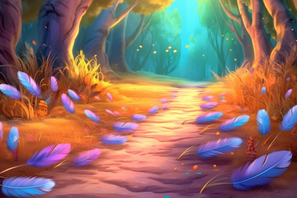 Cartoon trail made up with feathers in the colorful forest.