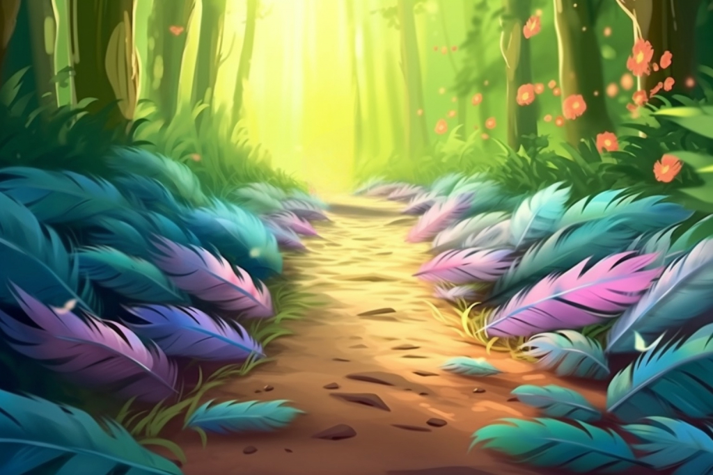 The colorful cartoon feathers in the forest road.