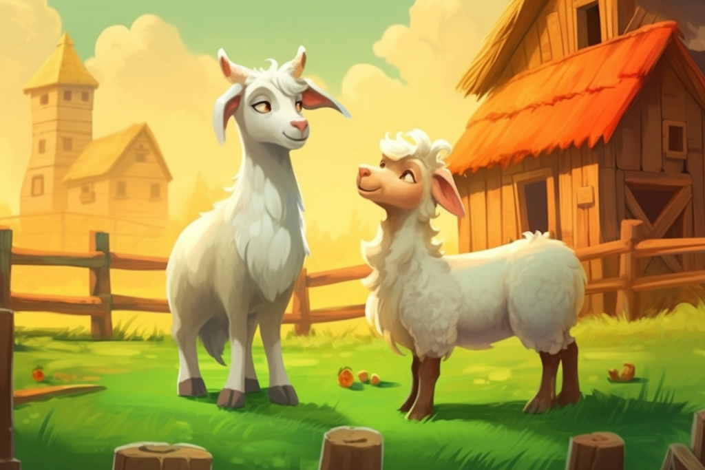 Cartoon goat and cartoon lamb in the farm.