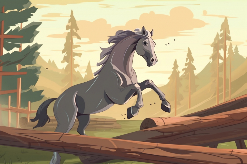 Cartoon grey Horse jumping over the wooden log.