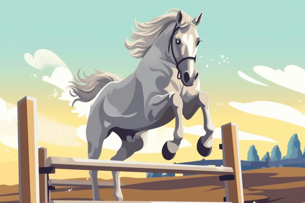 Cartoon grey horse jumping over the obstacle.