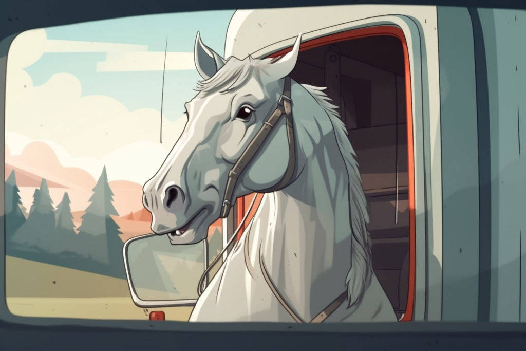 Cartoon grey horse in the truck of the van.