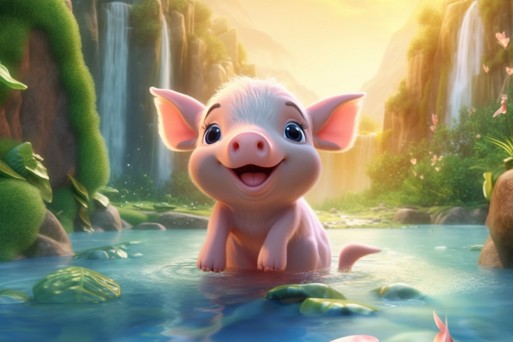 Cartoon happy pig splashing in the waterfall.