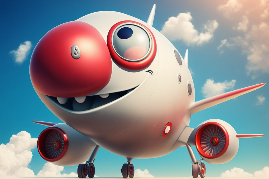 Cute cartoon happy airplane with smile.