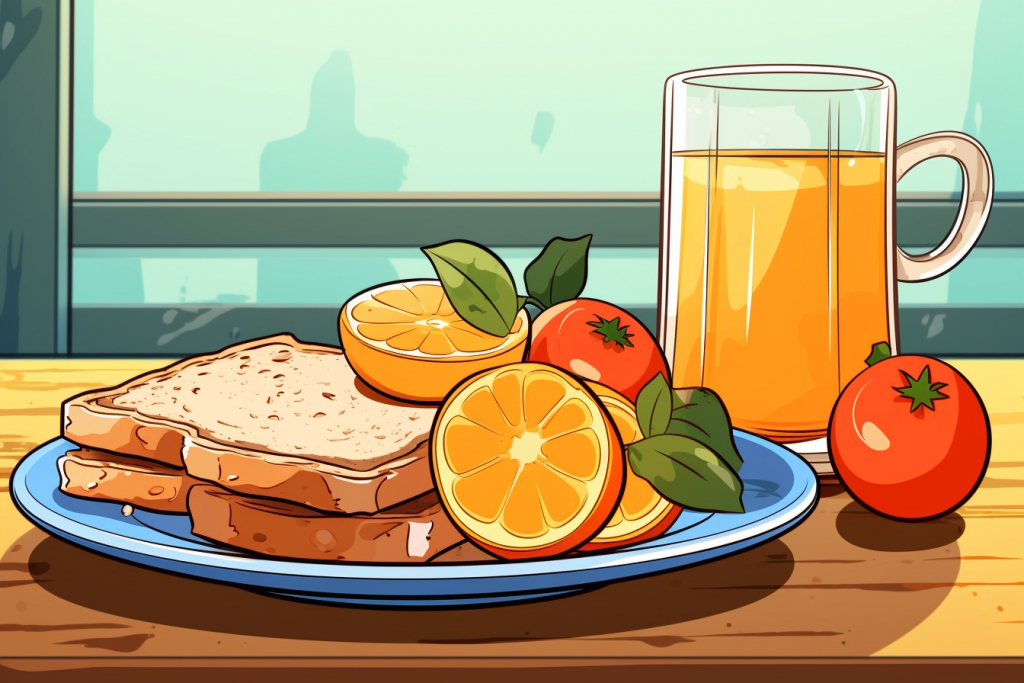 Cartoon healthy breakfast on the plate with orange juice.