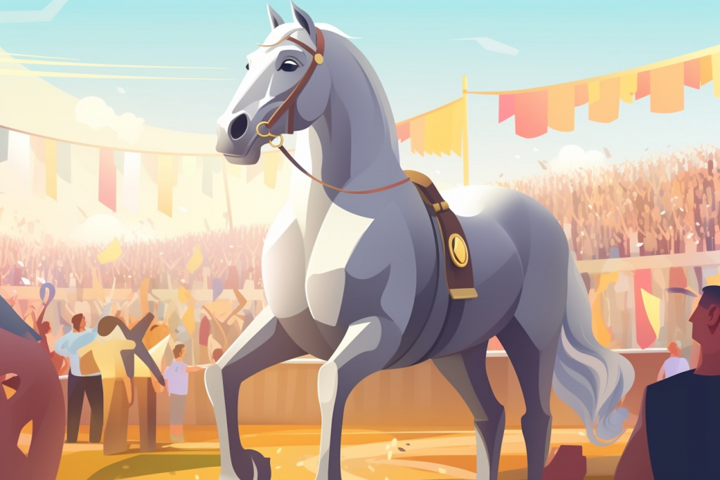 Cartoon grey horse with people celebrate his victory.