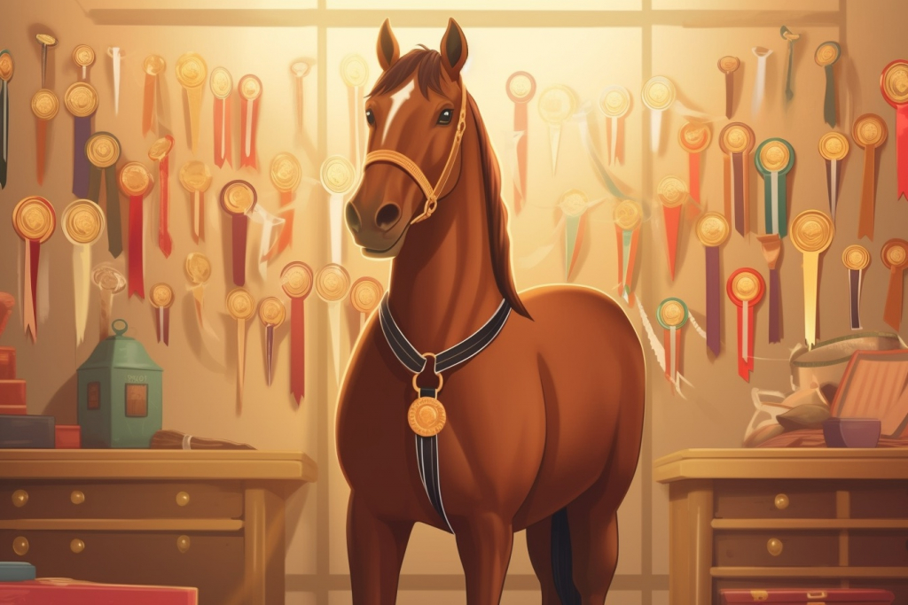 Cartoon brown horse with his trophies.