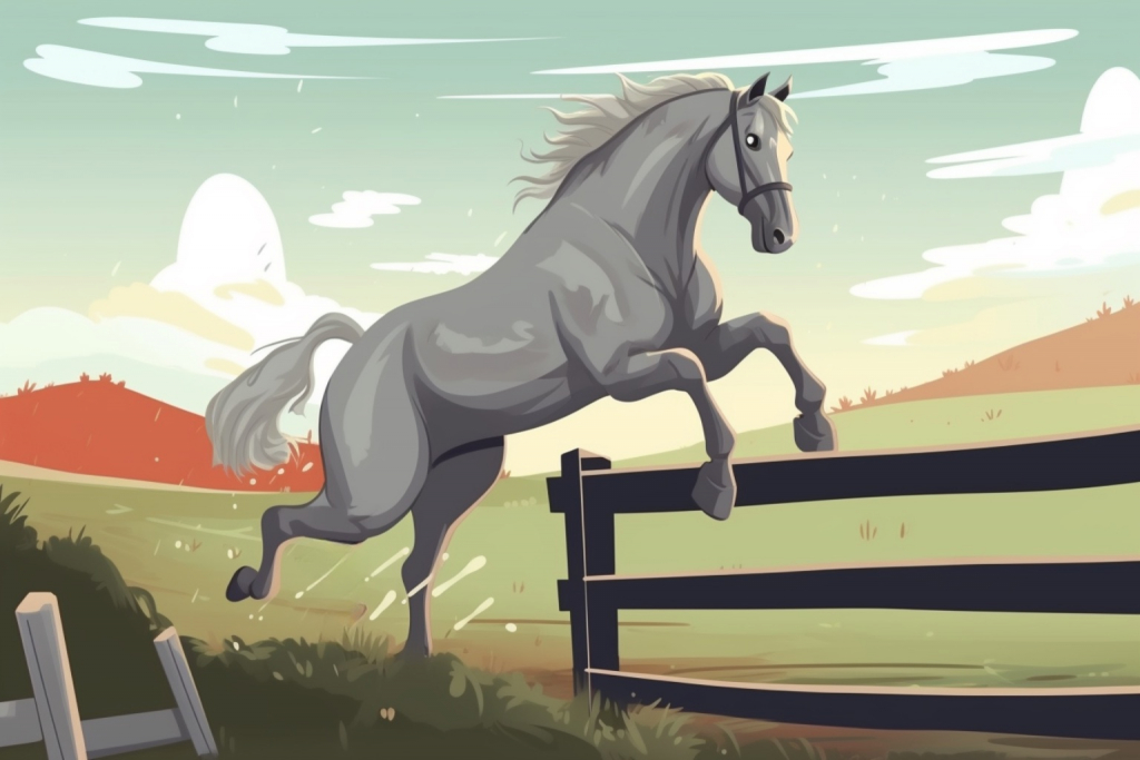 Cartoon grey horse jumping over the fence.