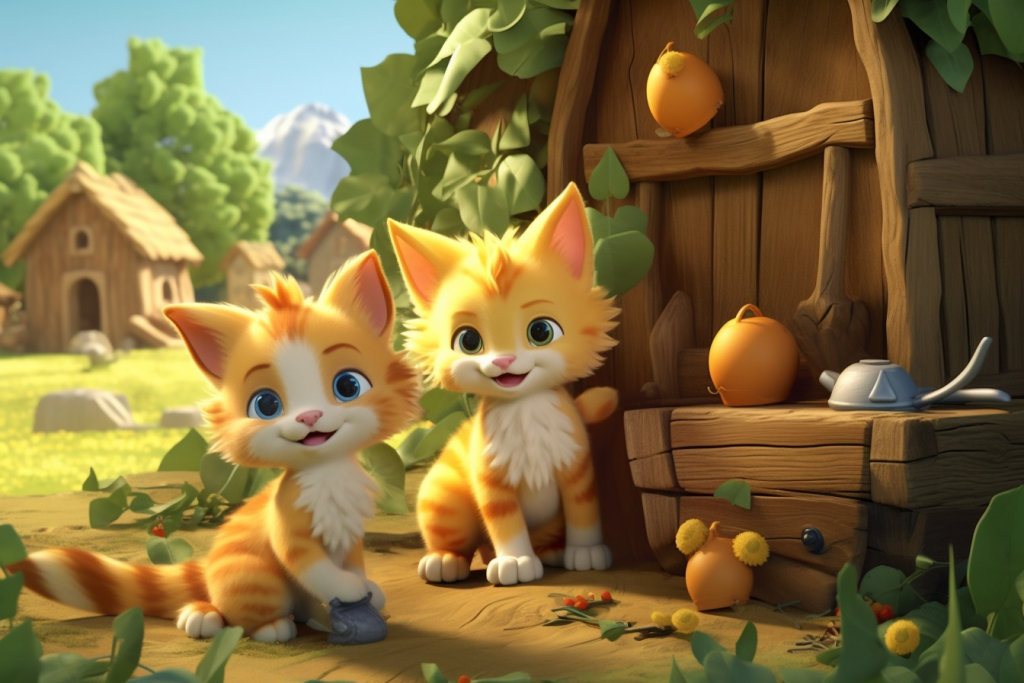 Cartoon cute kittens on playing by the house.