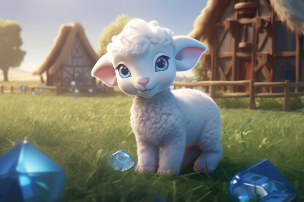 Cartoon lamb standing close to the blue crystal.