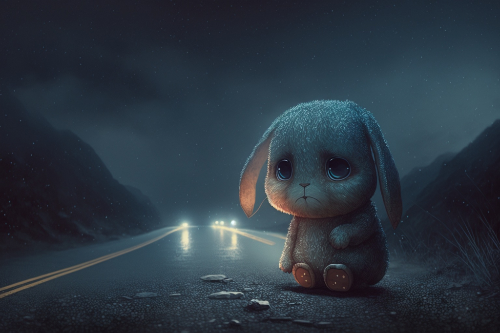 Cartoon lost bunny on the road in the night.