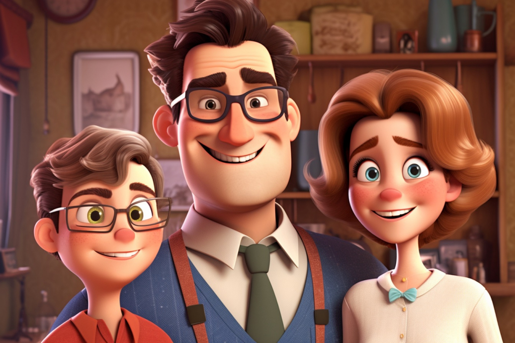 Cartoon family portrait of mom, dad and son.
