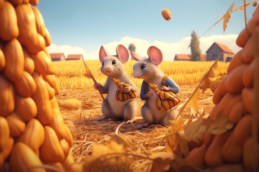 Cartoon mice stealing the harvest from the farm.