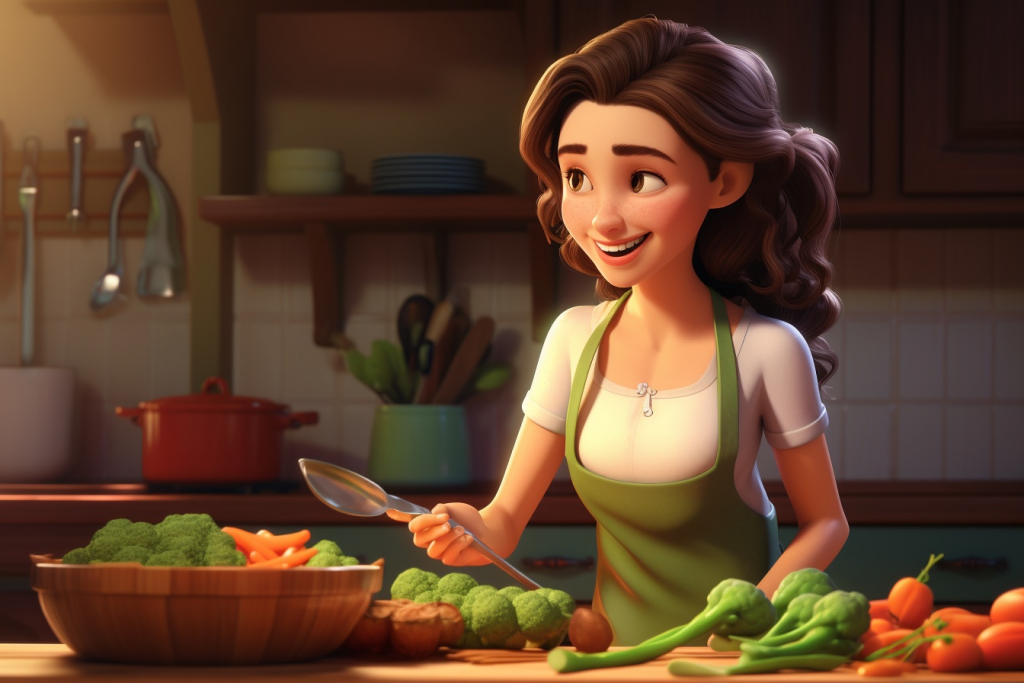 Cartoon woman cutting veggies on the table in the kitchen.