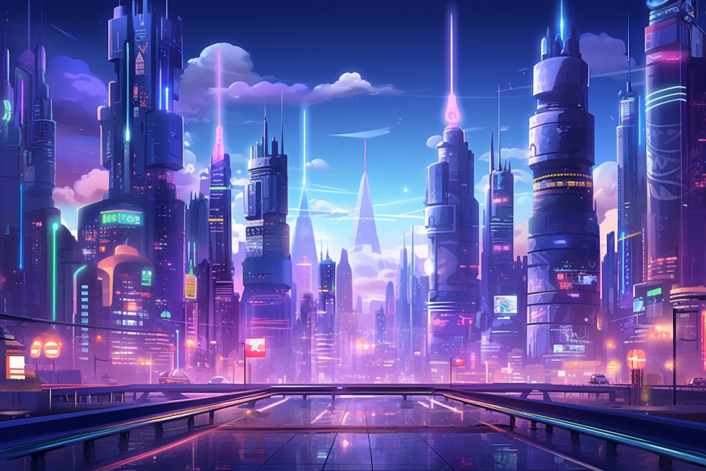 Cartoon futuristic neon city with skyscrapers.