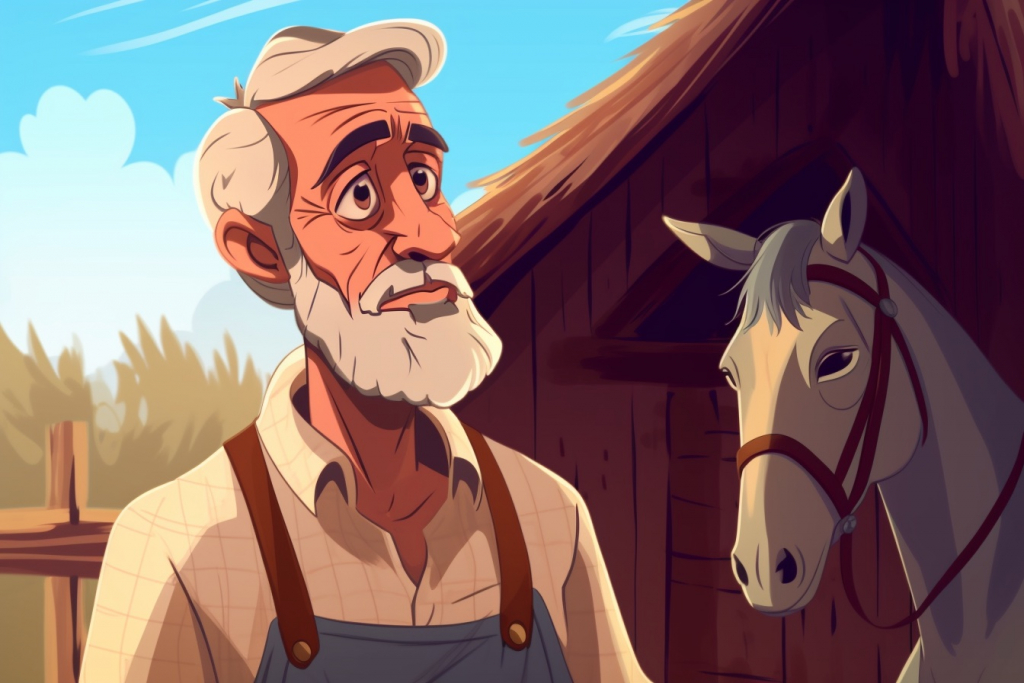 Cartoon old farmer with grey horse in the stable.