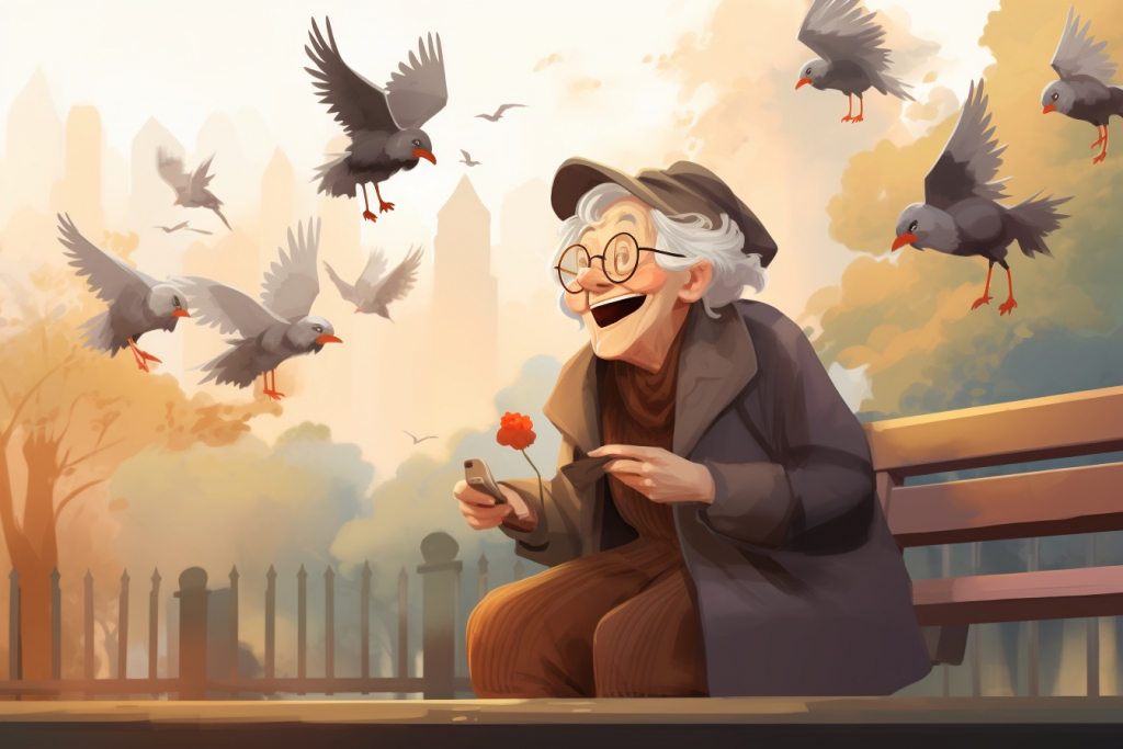 Cartoon old lady sitting on bench with pigeons.