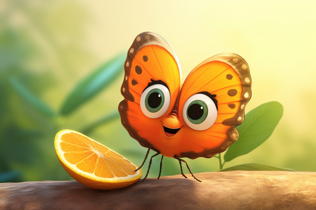 Cartoon cute butterfly next to orange.