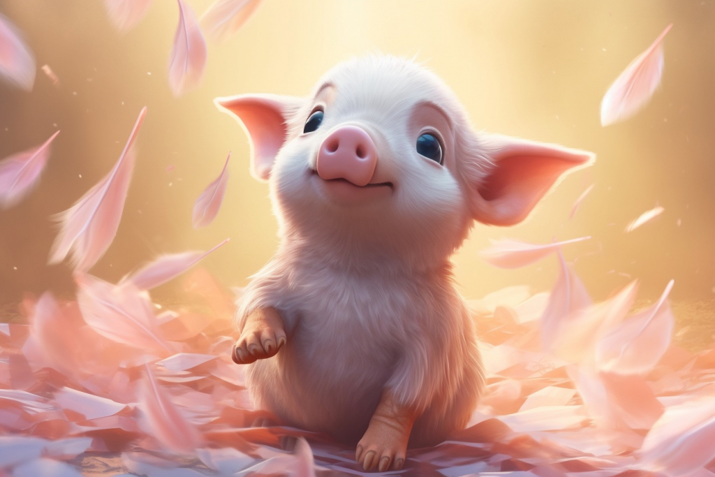 Cute cartoon little pig with many pink feathers.