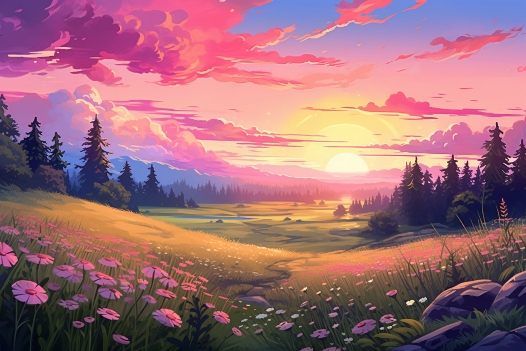 Cartoon pink sunset over the meadow.