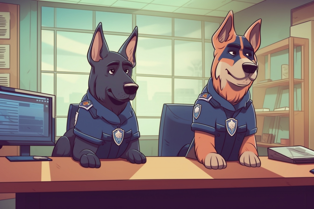 Cartoon police dogs behind the desk.