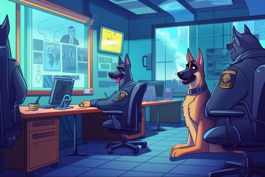 Cartoon police dogs working inside of the police station.