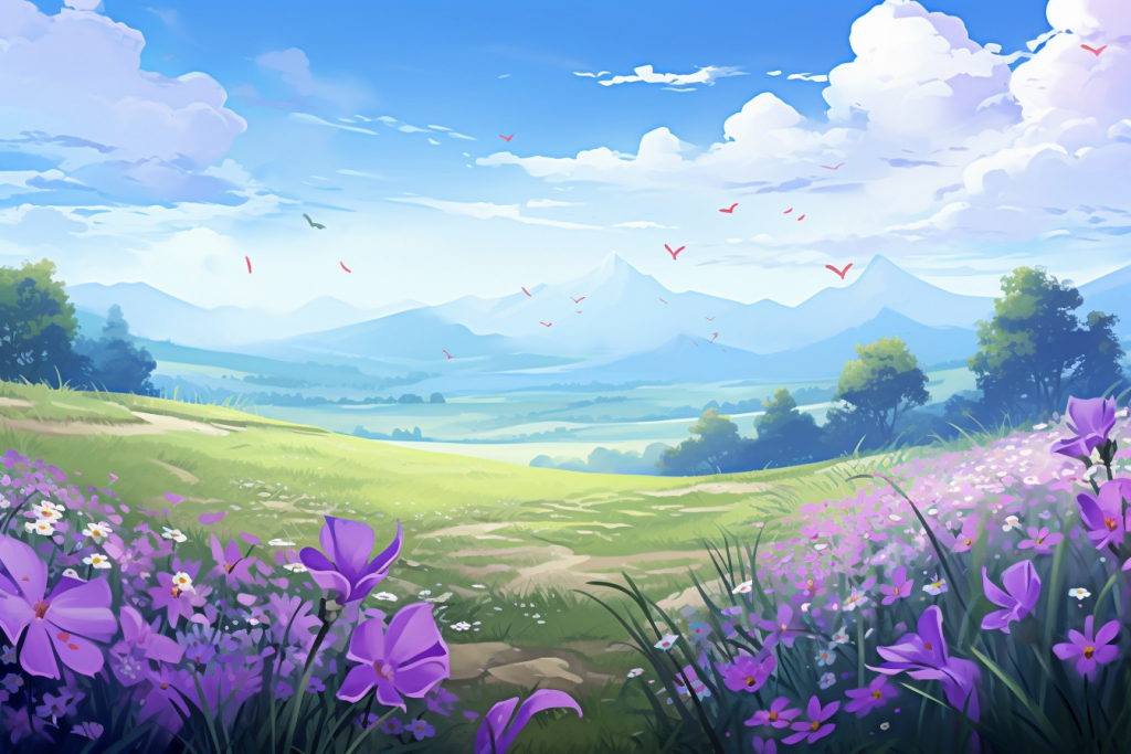 Cartoon scenery of the meadow with purple flowers.