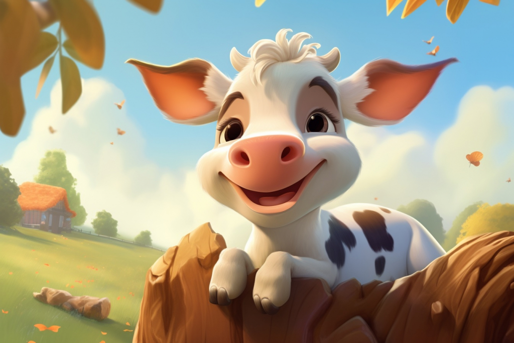 A cute cartoon white relaxed cow with black spots on her body with a lovely smile.