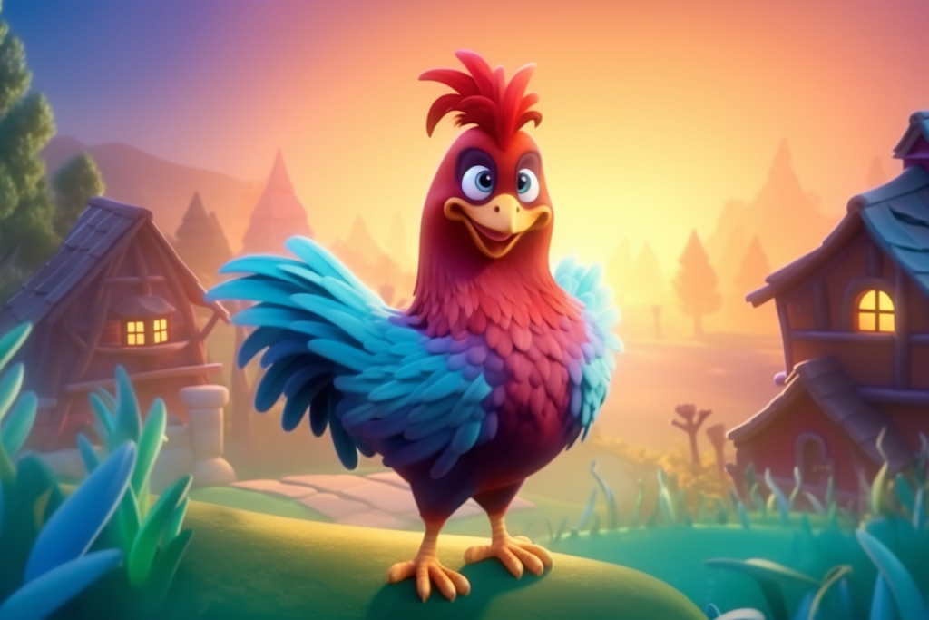 Cartoon colorful rooster standing on the small hill.