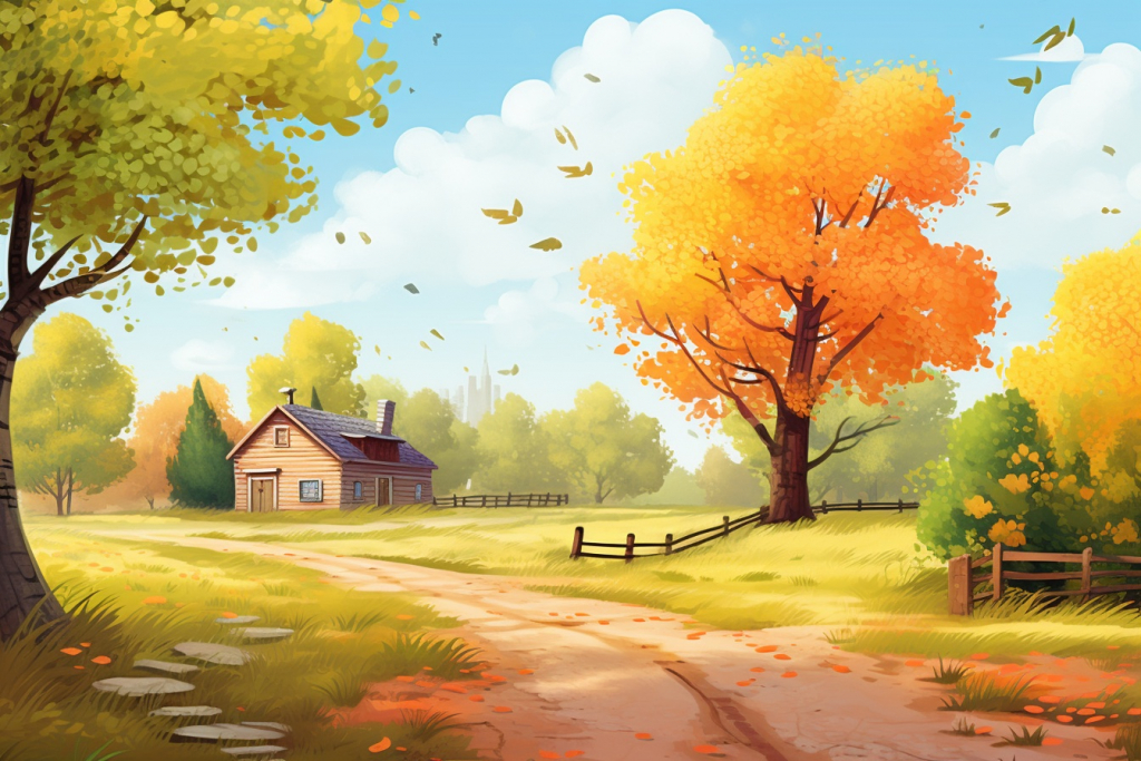 Cartoon orange leaves falling down from a tree in a village scenery.