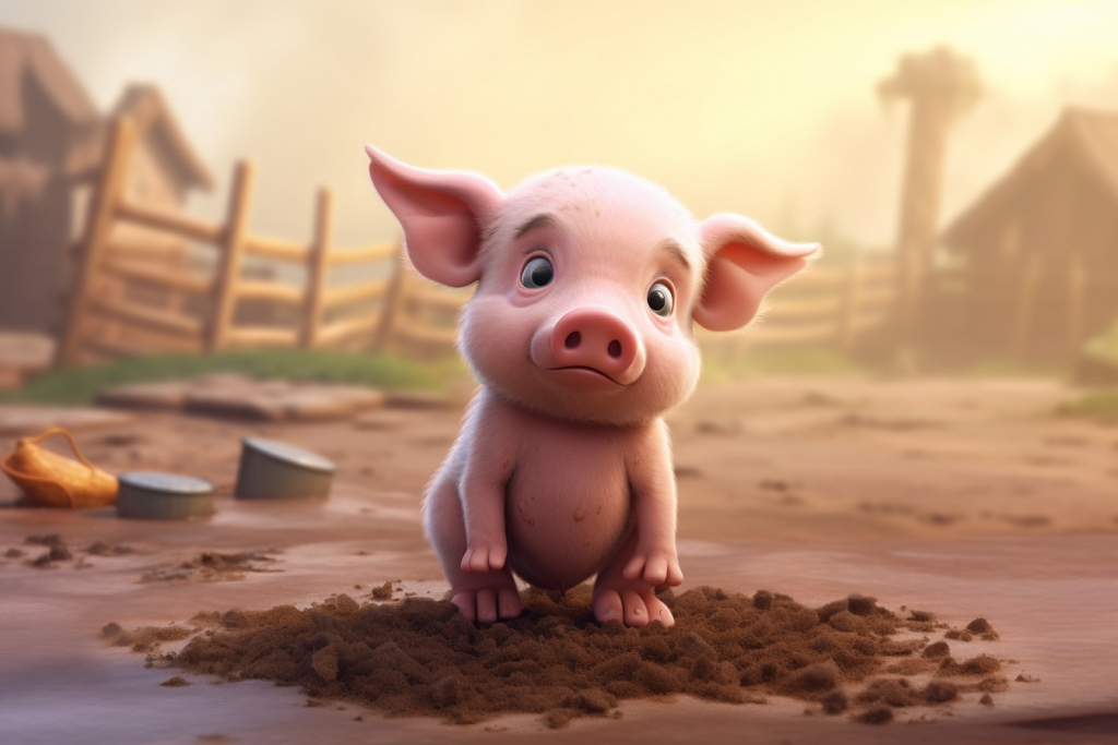 Cartoon sad pig standing in the mud.