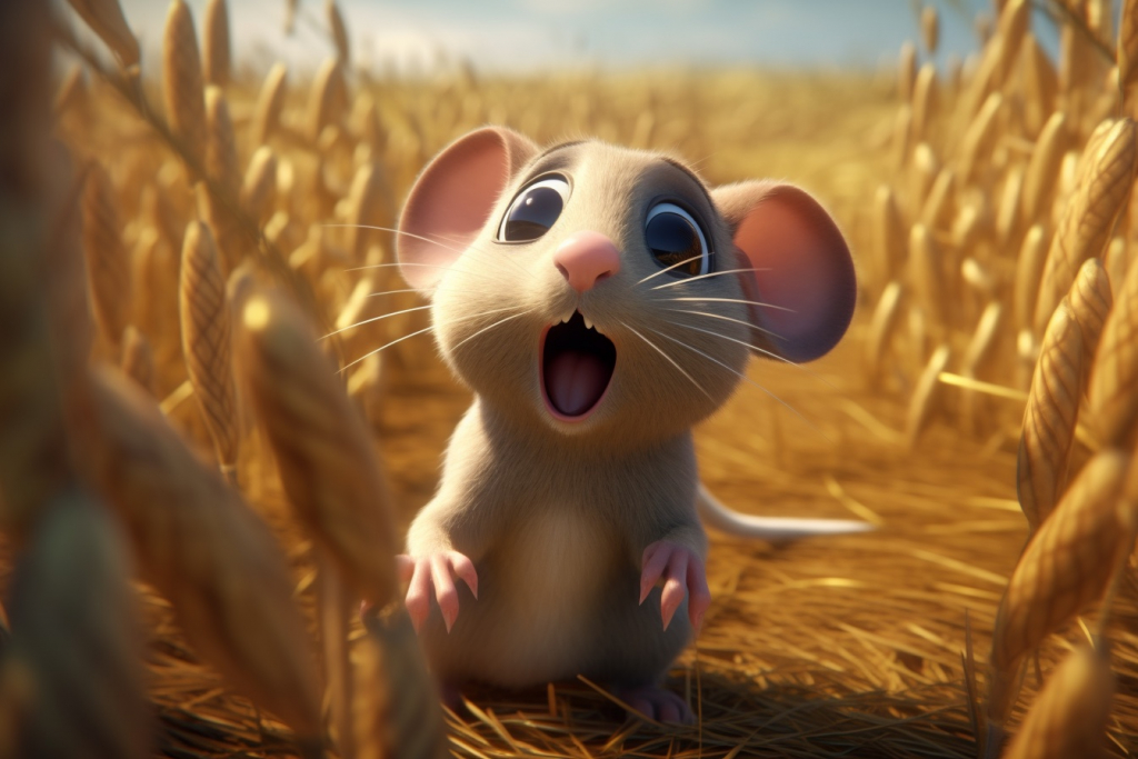Cartoon scared mouse in the field.