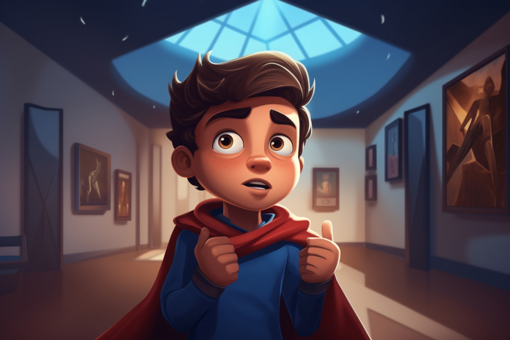 Cartoon scared superhero boy standing in the museum
