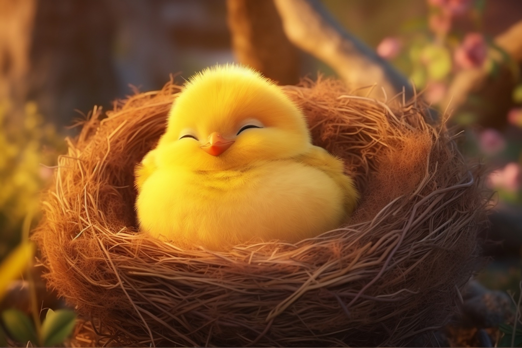 Cartoon cute small chick sleeping in the nest.