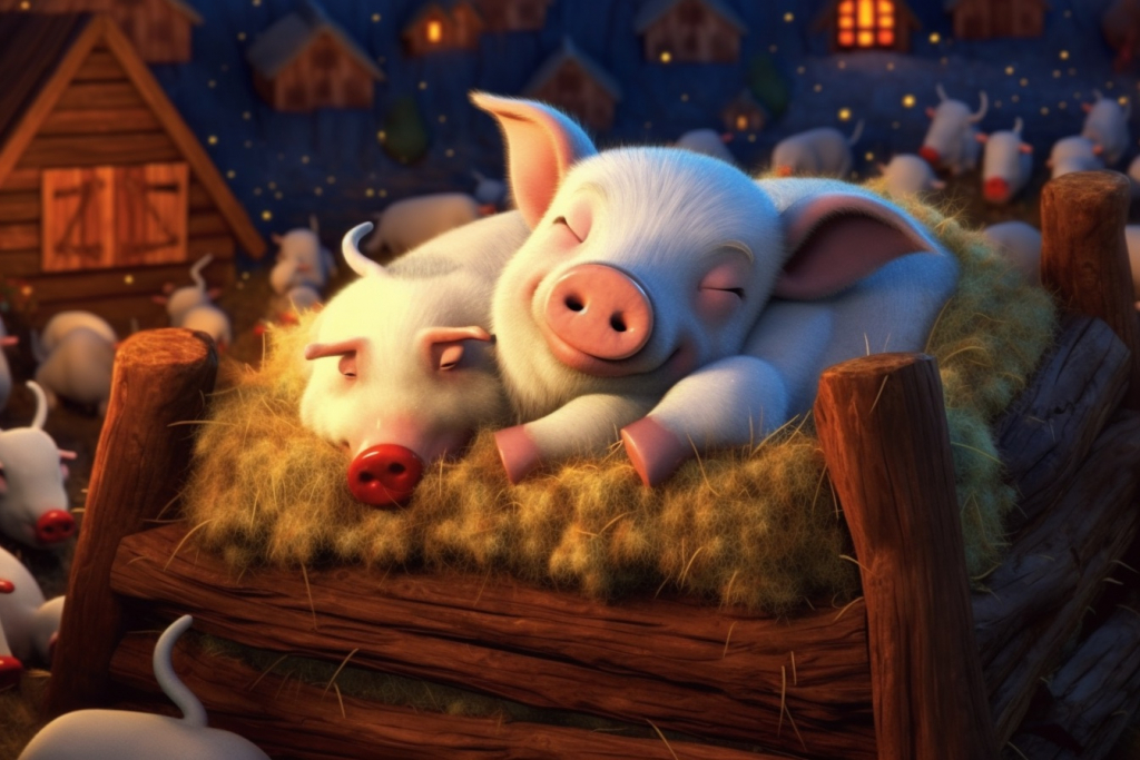 The sleeping cartoon pigs on the wool.