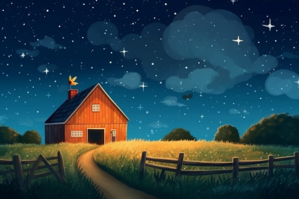 Cartoon farm at night with a sky full of stars.