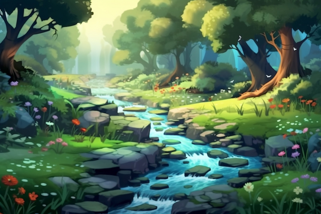 Cartoon stream in the the green forest.
