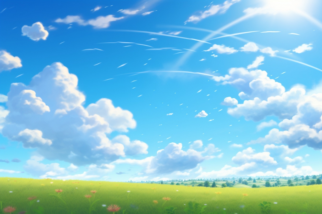 Cartoon sunny sky over the green meadow.