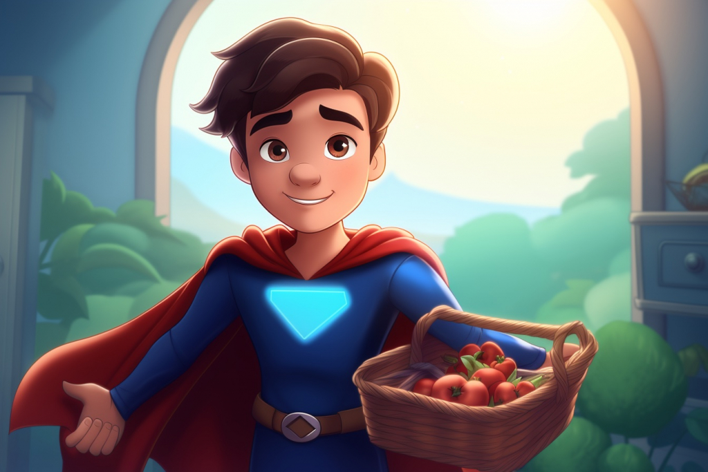 Cartoon young superhero holding bucket full of tomatoes.