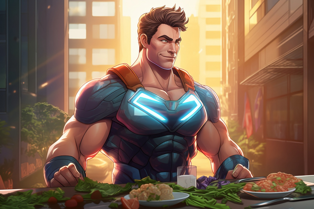 Cartoon superhero with healthy breakfast.