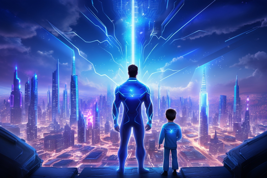 Cartoon father superhero with his son looking at the neon city.