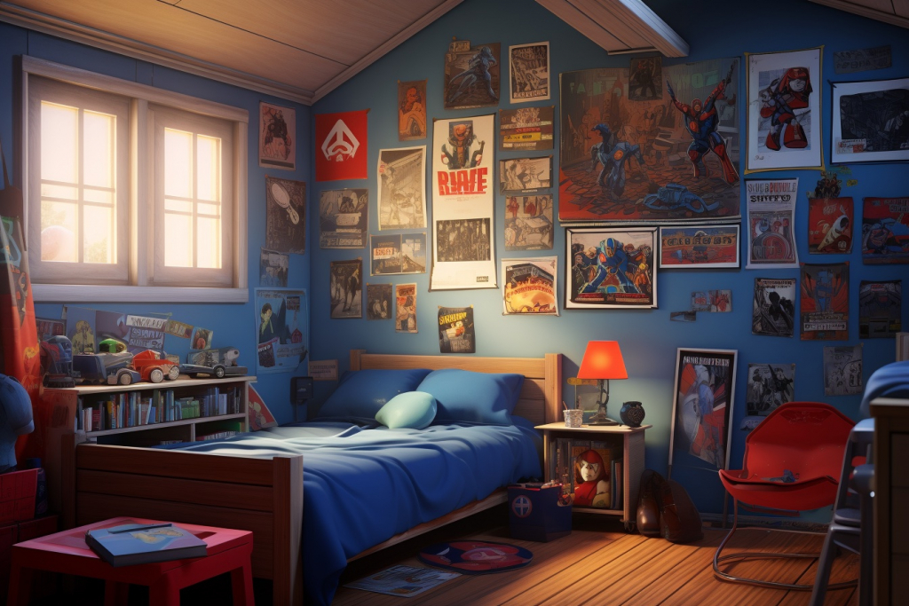 Cartoon bedroom full of superhero posters on the wall.