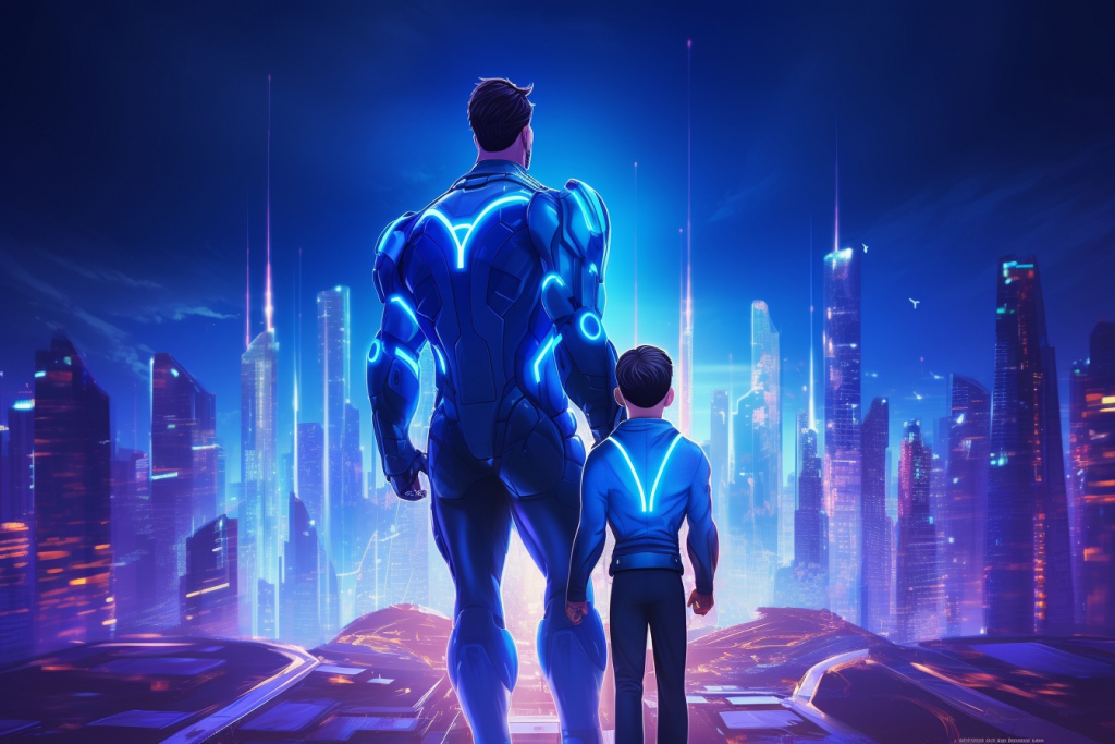 Superhero father and his superhero son looking at the neon city.
