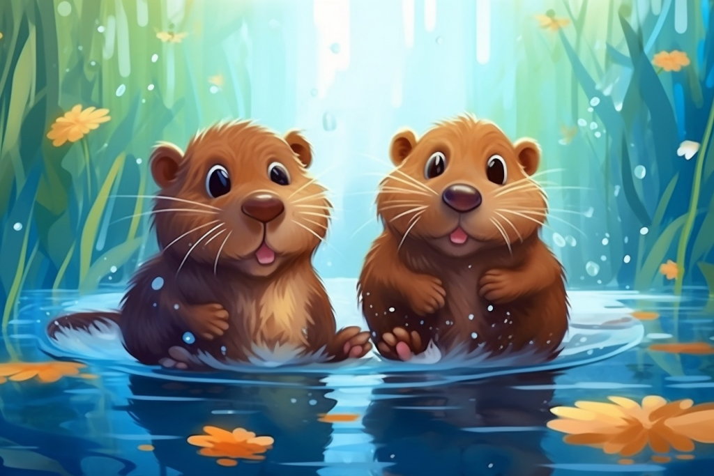 Two cute beavers standing in the pond.