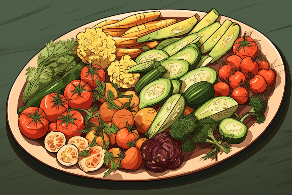 Cartoon vegetables on the table.