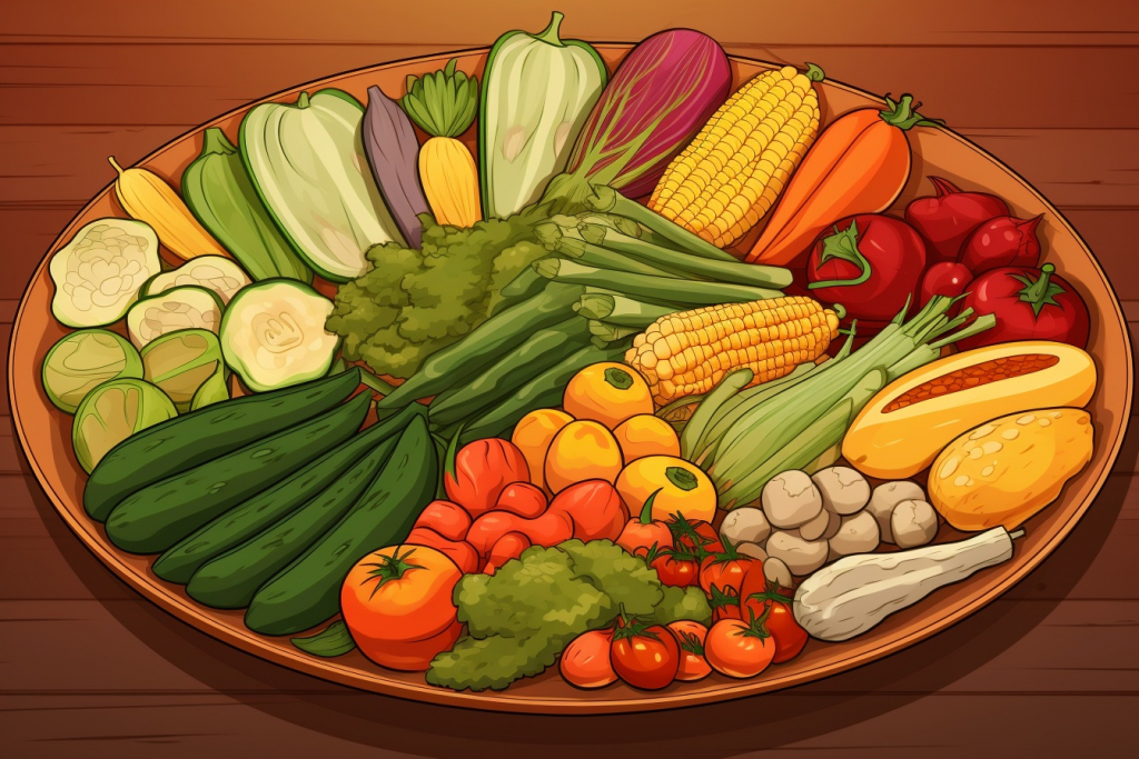 Cartoon vegetables on the plate.