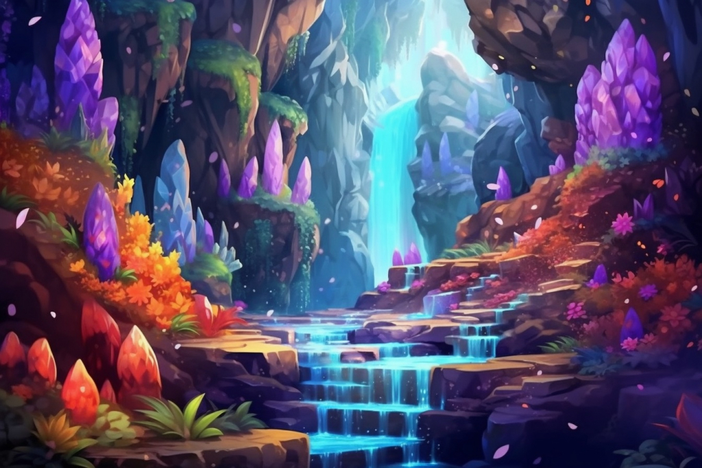 Cartoon beautiful and colorful waterfall.