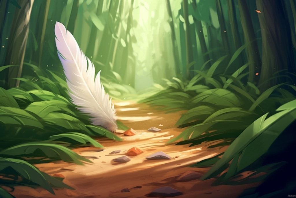 White feather on the road in the green forest.